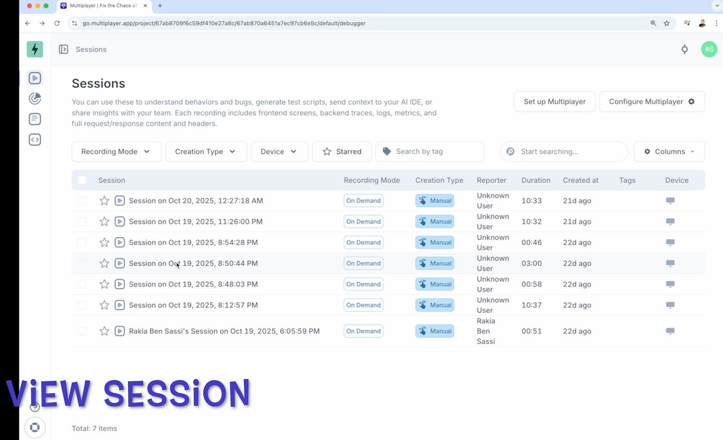 My Multiplayer’s recorded fullstack sessions