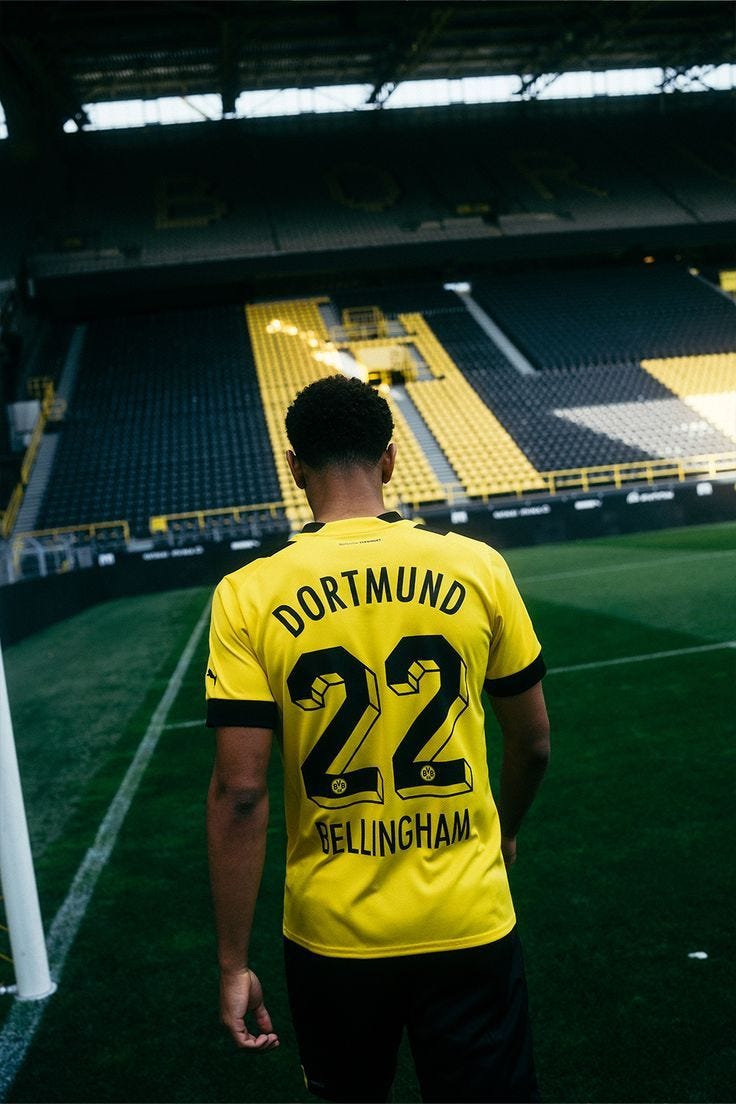 This contains: Jude Bellingham zeigt seine Rückennummer, die 22, hier auf dem neuen BVB Heimtrikot 22/23!