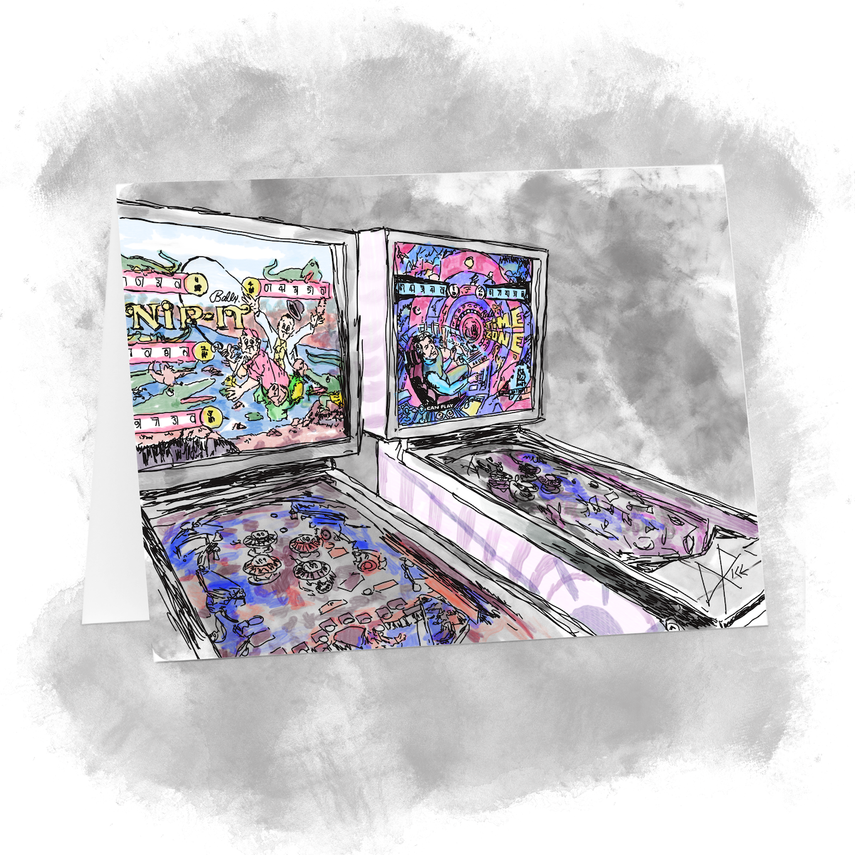 Two coin-operated pinball cabinets, ‘Nip-It’ and ‘Time Zone’. Sketch art by Don Rice. Two coin-operated pinball cabinets, ‘Nip-It’ and ‘Time Zone’. Sketch art by Don Rice.