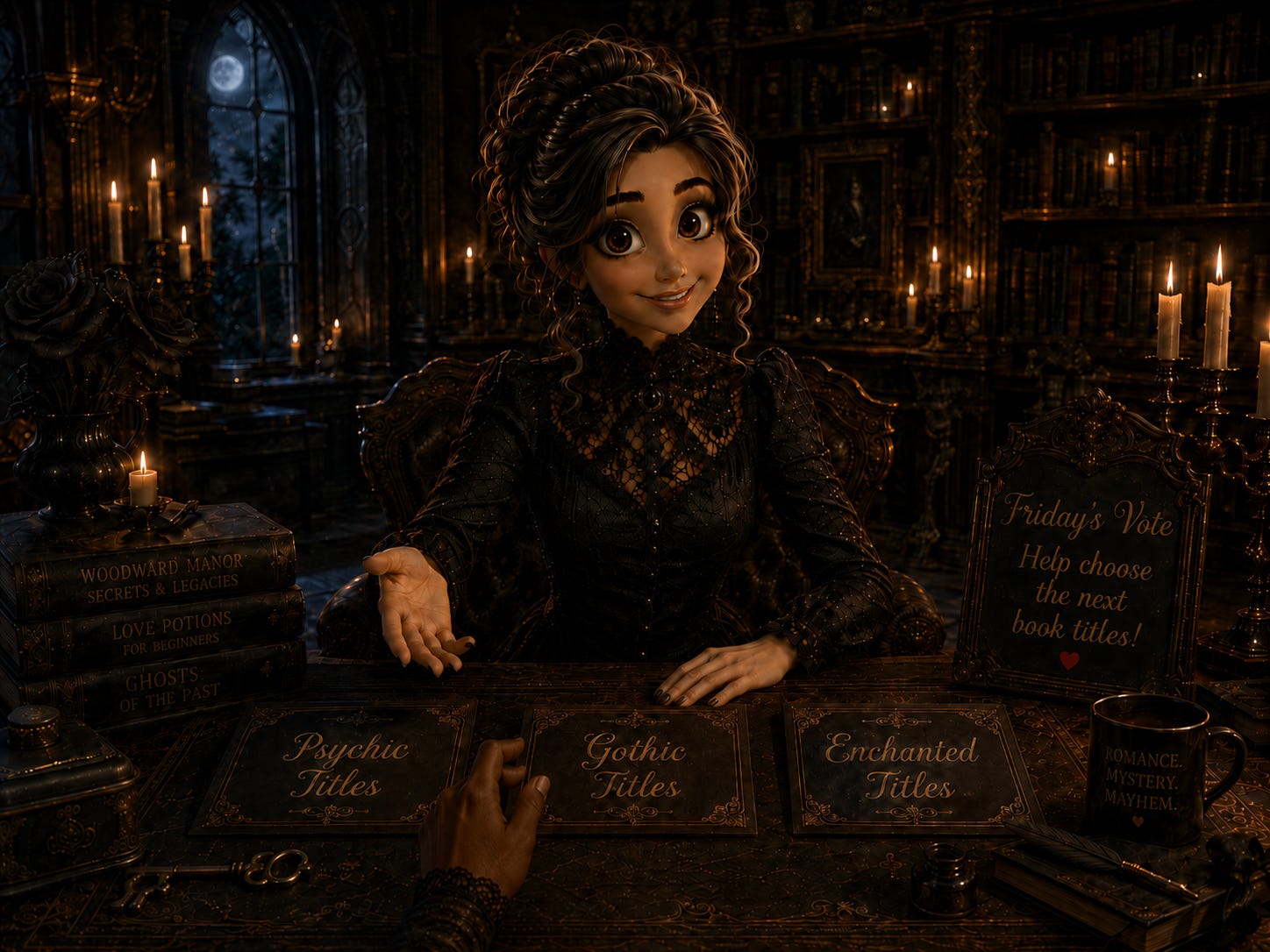 Gina Thornwood’s gothic avatar sits in a candlelit manor library, inviting readers to choose between Psychic Titles, Gothic Titles, and Enchanted Titles as a hesitant hand reaches toward the voting cards.