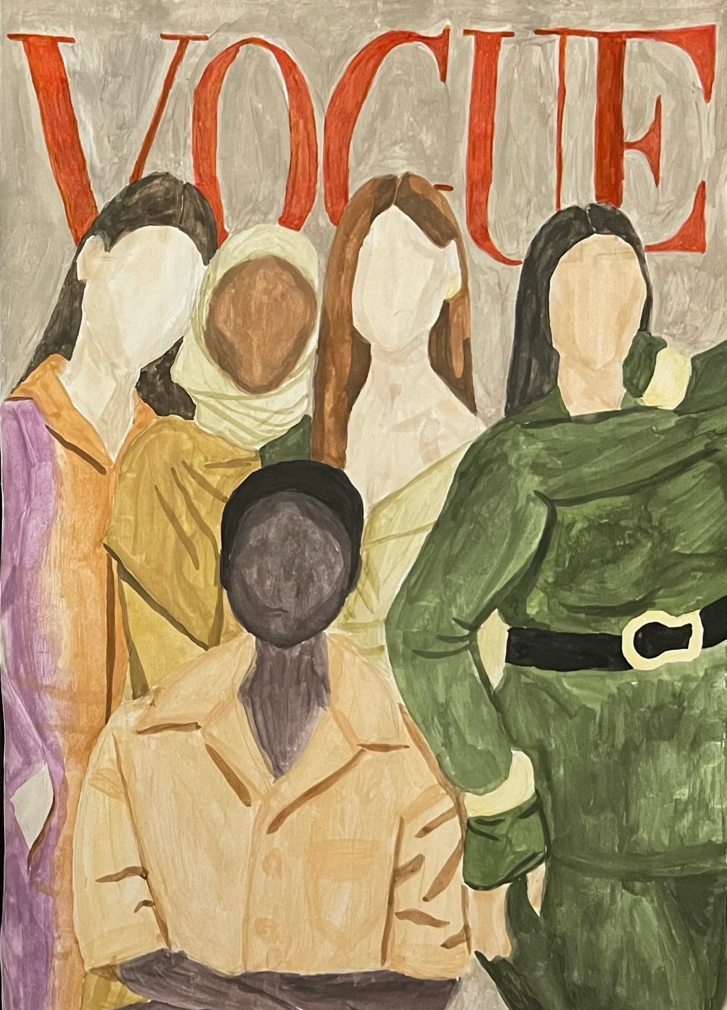 Vogue magazine cover in watercolor of 5 women with different ethnicities