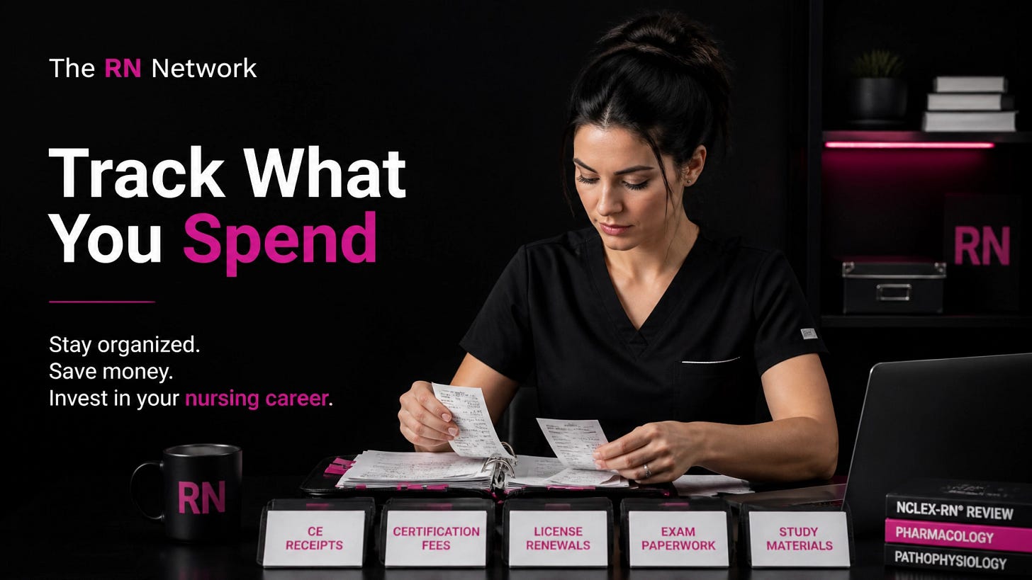 Real nurse in pink scrubs organizing CE receipts, certification documents, and study materials at a dark desk with RN Network branding