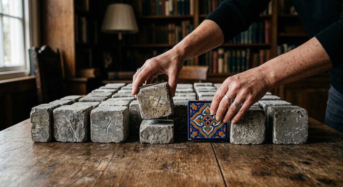 A close-up of hands carefully rearranging heavy stone blocks on a table, replacing a cold gray block with a warm, colorful handcrafted tile to symbolize structural reordering.