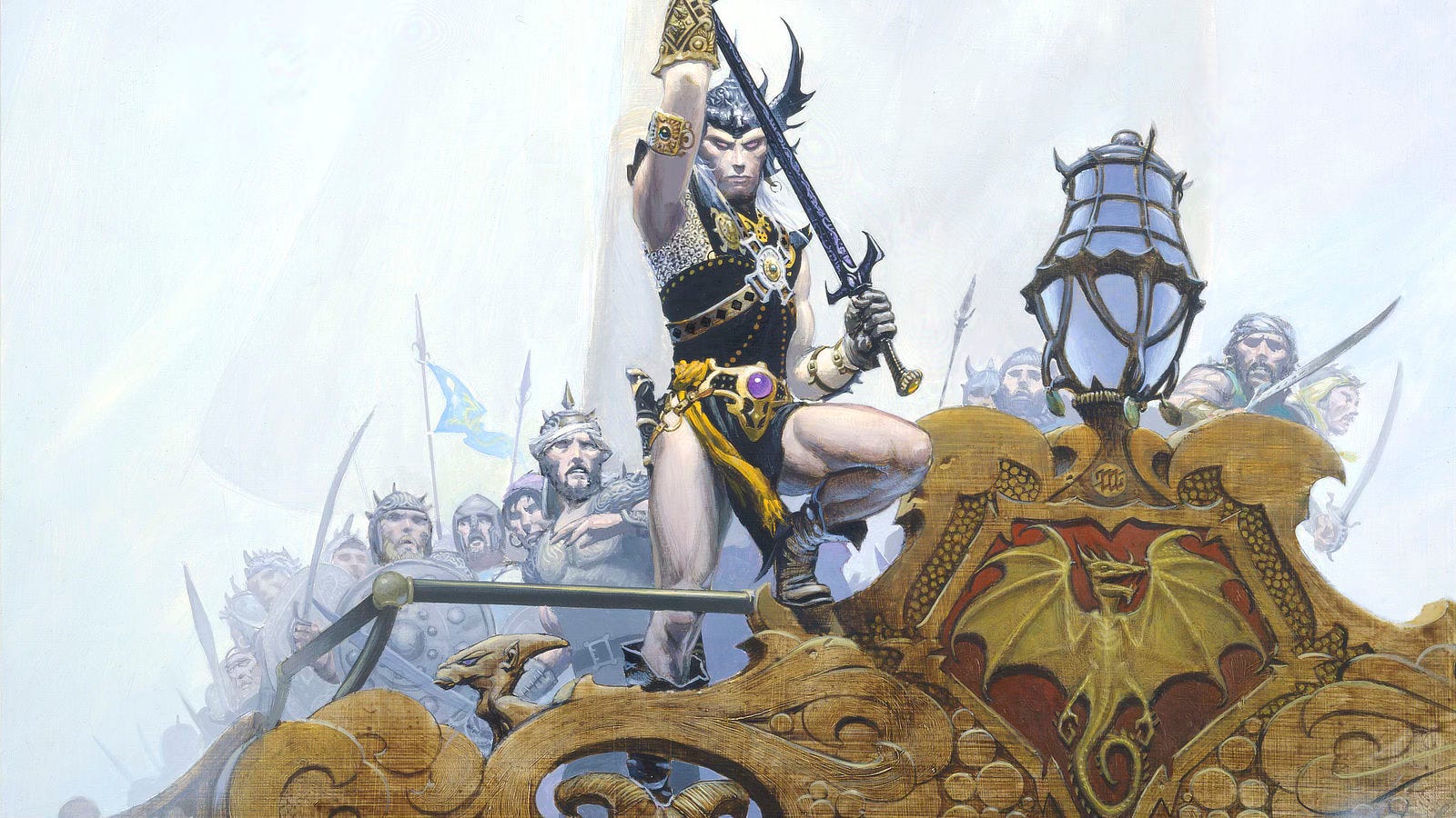 Horizontal crop of SAILOR ON THE SEAS OF FATE featuring Elric in the aft of a ship making its way through foggy water. He rests one foot on the gunwales. The aft is decorated with intricate scrollwork that includes a dragon. Elric wears a black winged helm and a regal tunic with yellow accents. Fine silver chainmail shows underneath. The milky white skin of his arms and legs are bare to the elements. His eyes mirror the jewel at his belt as he stares down at the audience gripping Stormbringer. The sight of him leaves the crew, armed with swords and spears, shrinking back in fear.