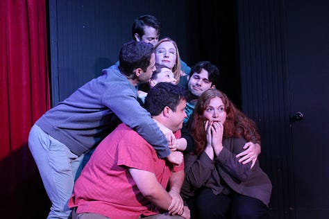 photos of the improv group Small Business doing a sound-and-movement opening