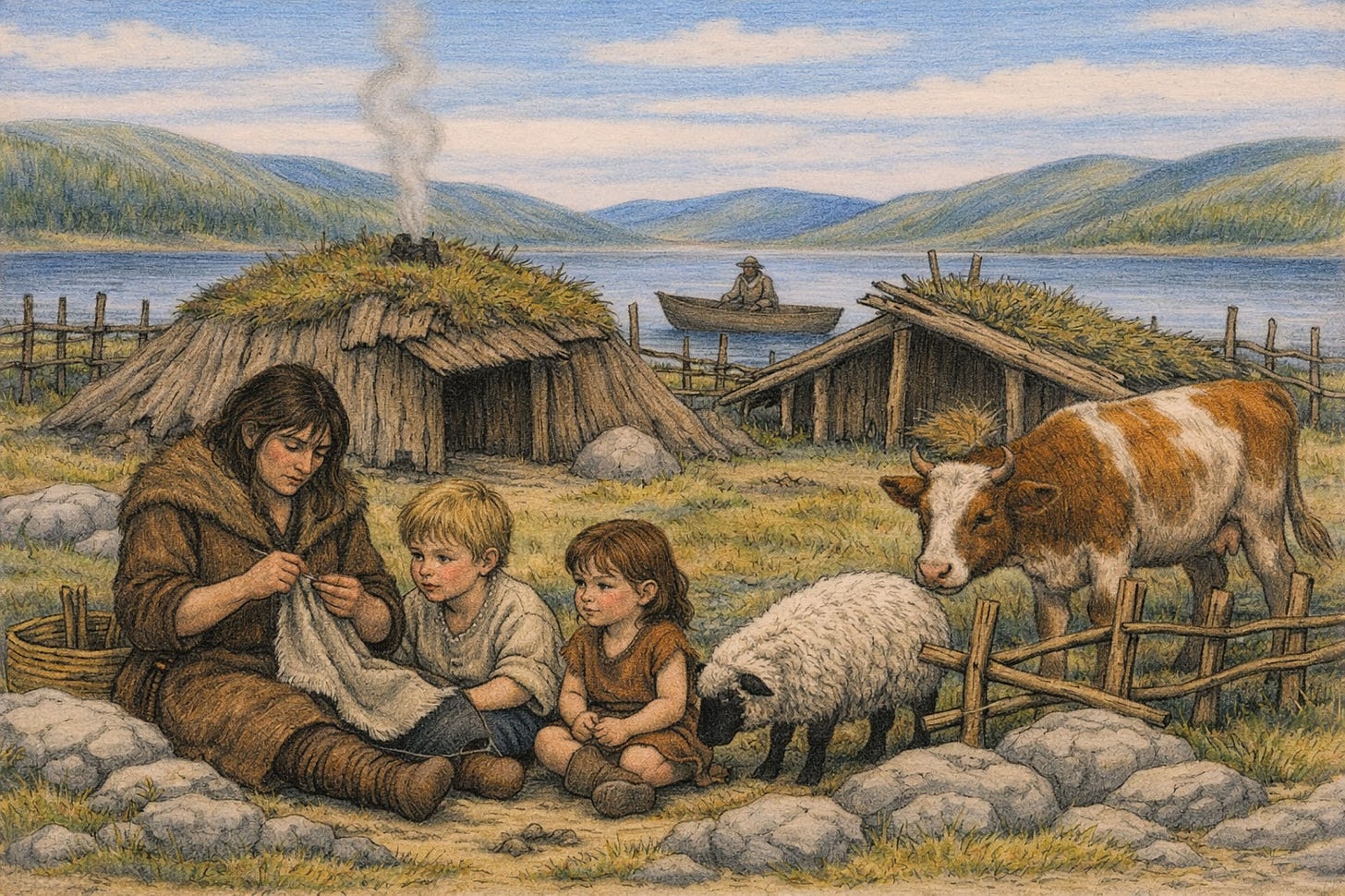 A 1970's schoolbook-style illustration of a Later Stone Age homestead. | Sagahuus Press — created with Microsoft 365 Premium Copilot. All rights reserved.