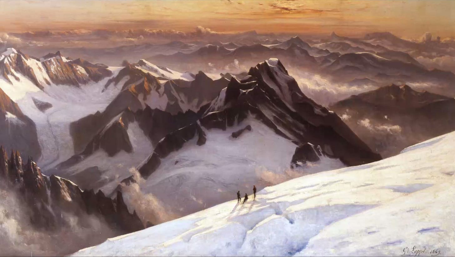 snowy mountains, orange sunset