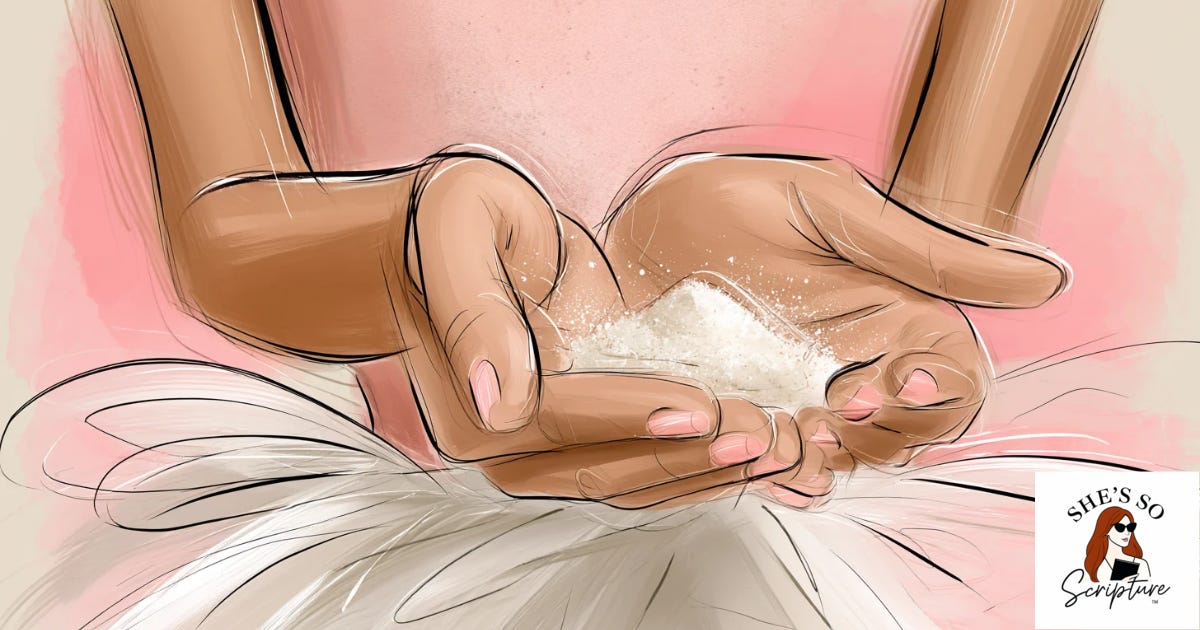 Illustration of cupped hands holding a small handful of flour against a soft pink and cream watercolor background, representing daily provision. Illustration of cupped hands holding a small handful of flour against a soft pink and cream watercolor background, representing daily provision.