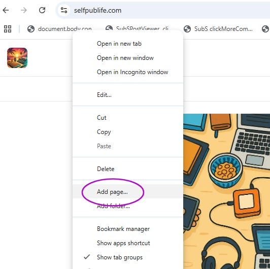 Screenshot of Chrome right click menu showing "Add pages" option.