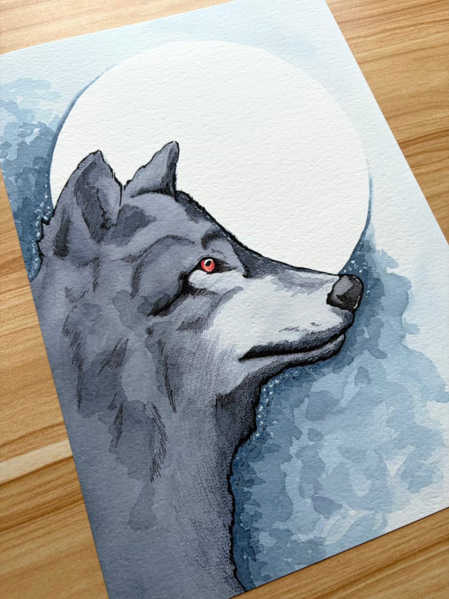 Watercolour painting of a wolf in moonlight, facing away, with a red eye glancing back — by Stephen Holder Watercolour painting of a wolf in moonlight, facing away, with a red eye glancing back — by Stephen Holder