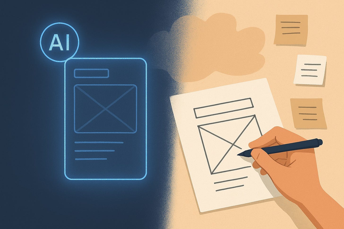 Split-screen image depicting the contrast between AI-generated efficiency and human creative process. On one side, a glowing interface creates rapid design outputs; on the other, a human hand sketches wireframes by hand, surrounded by notes and ideas.