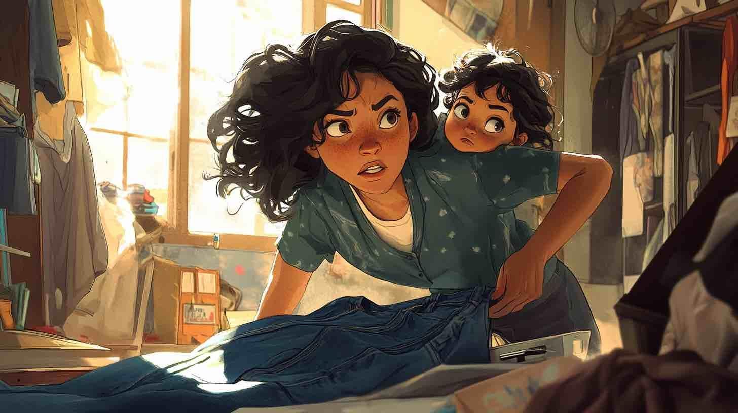 a young lady ironing a pair of jeans with her child on her shoulder