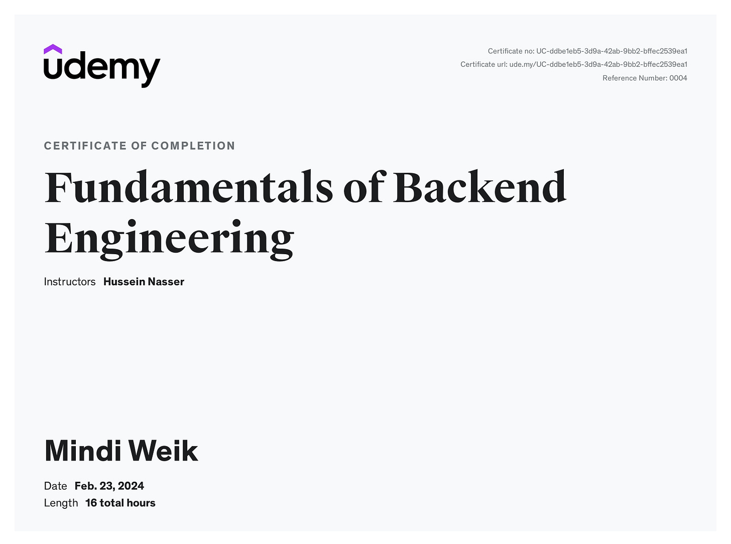 Mindi's Udemy course completion certificate for the course