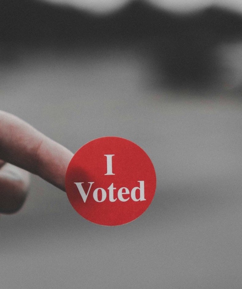 a hand holding a red button that says i vote