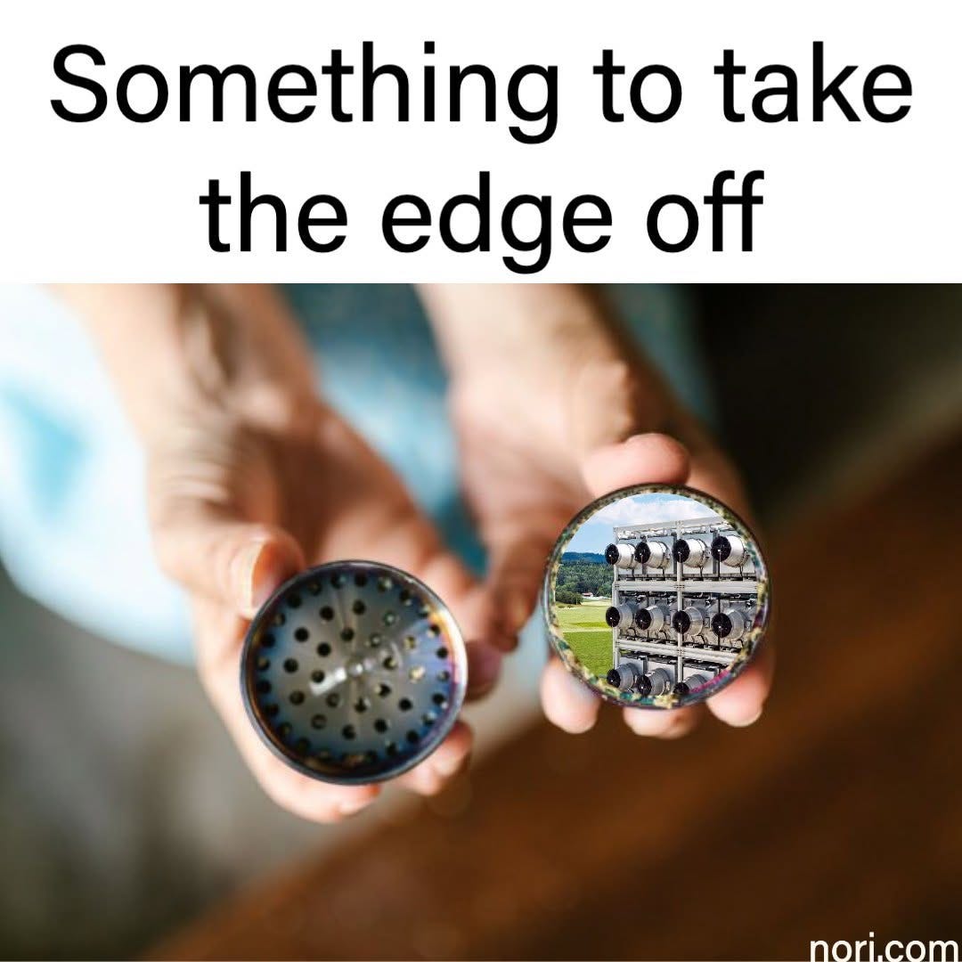 Text: "Something to take the edge off." Below, hands holding open a metal herb grinder, with a photo of a direct air capture unit inside the lid.