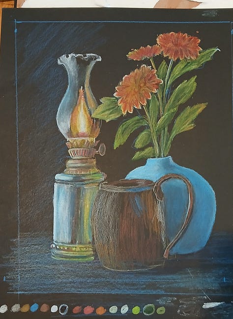Filling in the lamp, then the flowers and leaves