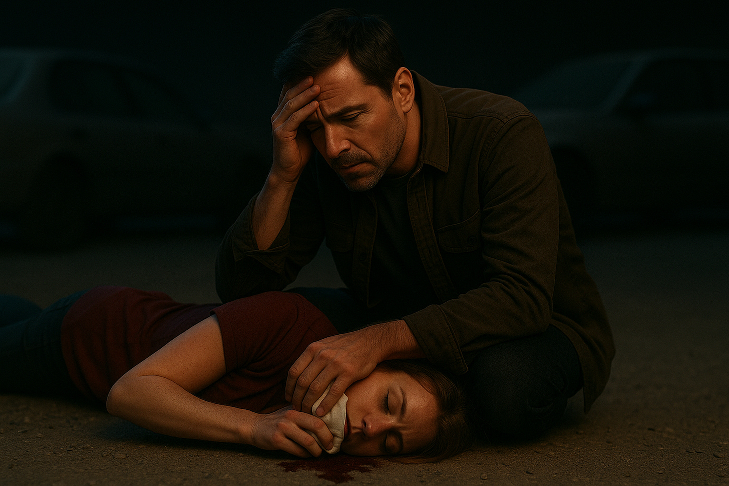 In a gravel lot at night, a distressed man crouches over an unconscious woman In a gravel lot at night, a distressed man crouches over an unconscious woman