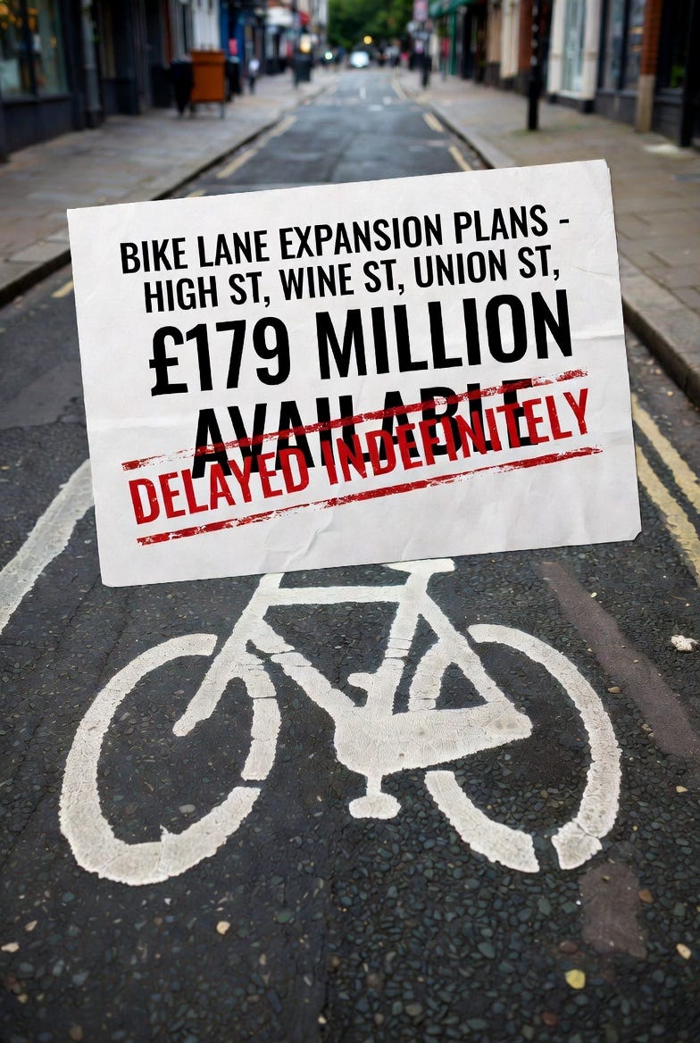 Bristol bike lane architectural plans for High Street Wine Street and Union Street stamped on hold despite £179 million CRSTS funding and March 2029 deadline showing Bristol City Council infrastructure delay - https://bit.ly/4kcIjuK