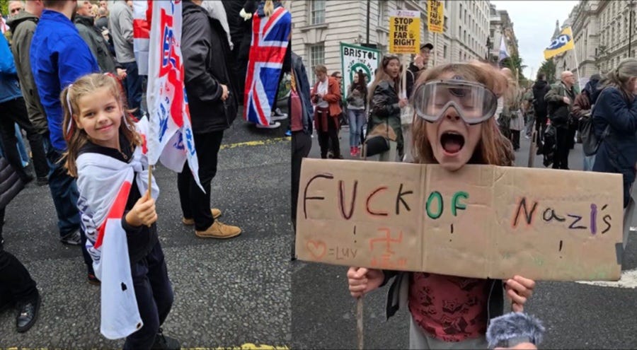 Two children at rival London protests on 16 May 2026 — left, a girl in a St George's Cross at the Unite the Kingdom march organised by Stephen Yaxley-Lennon; right, a child holding a placard at the Nakba Day counter-protest. Published by The Almighty Gob at thealmightygob.com Two children at rival London protests on 16 May 2026 — left, a girl in a St George's Cross at the Unite the Kingdom march organised by Stephen Yaxley-Lennon; right, a child holding a placard at the Nakba Day counter-protest. Published by The Almighty Gob at thealmightygob.com