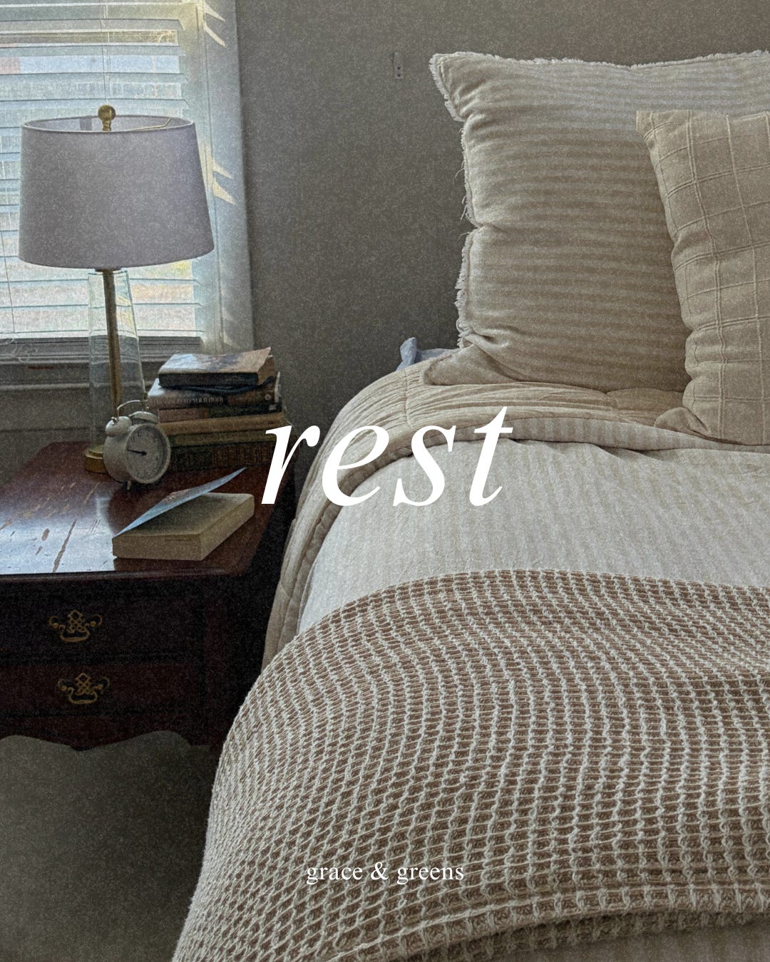 rest graphic with bed, books, and an alarm clock