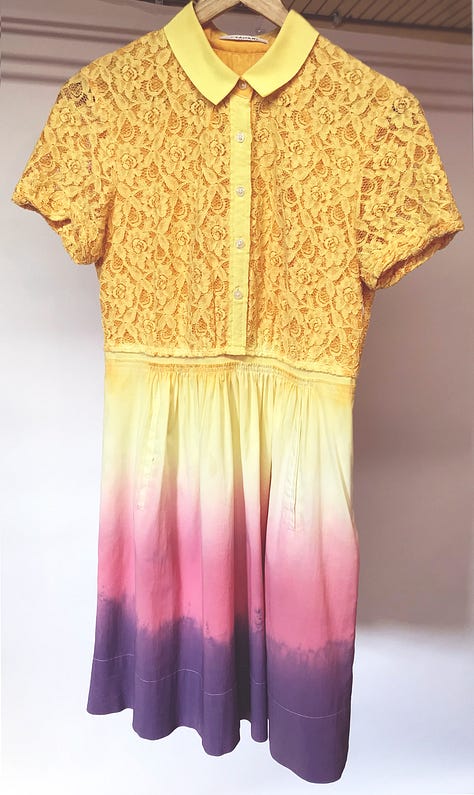 A dress, a handbag and a top with dye and paint treatments.