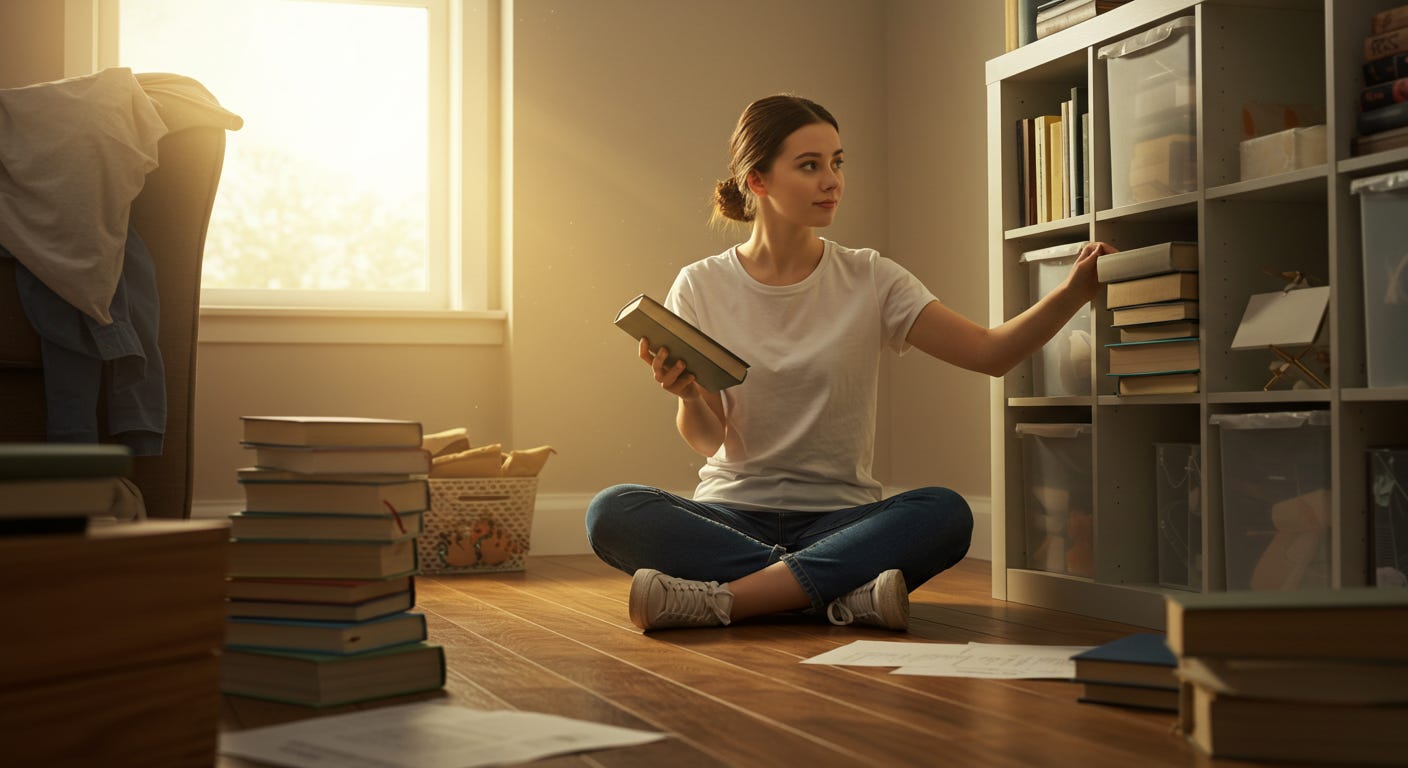 Young woman organizes a cluttered room, placing a book on a cleared shelf under golden sunlight. Young woman organizes a cluttered room, placing a book on a cleared shelf under golden sunlight.