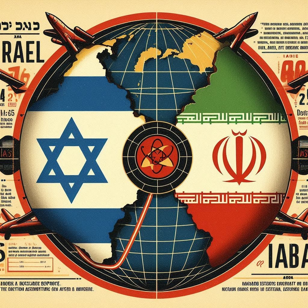 A geopolitical illustration in a 'Le Monde Diplomatique' style, showing Israel and Iran divided by a red dashed line, with nuclear symbols, warplanes, and quotes about IAEA reports. Earth tones, vintage paper texture