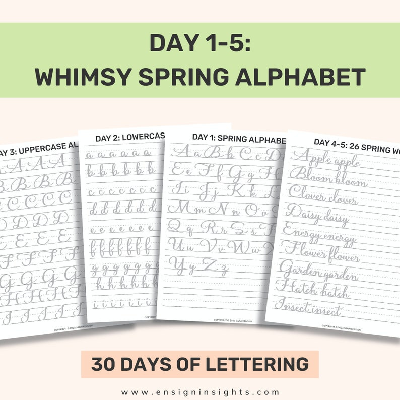 May include: A printable worksheet for a 30-day lettering challenge. The worksheet features a whimsical spring alphabet with uppercase and lowercase letters, as well as a list of spring-themed words to practice lettering.
