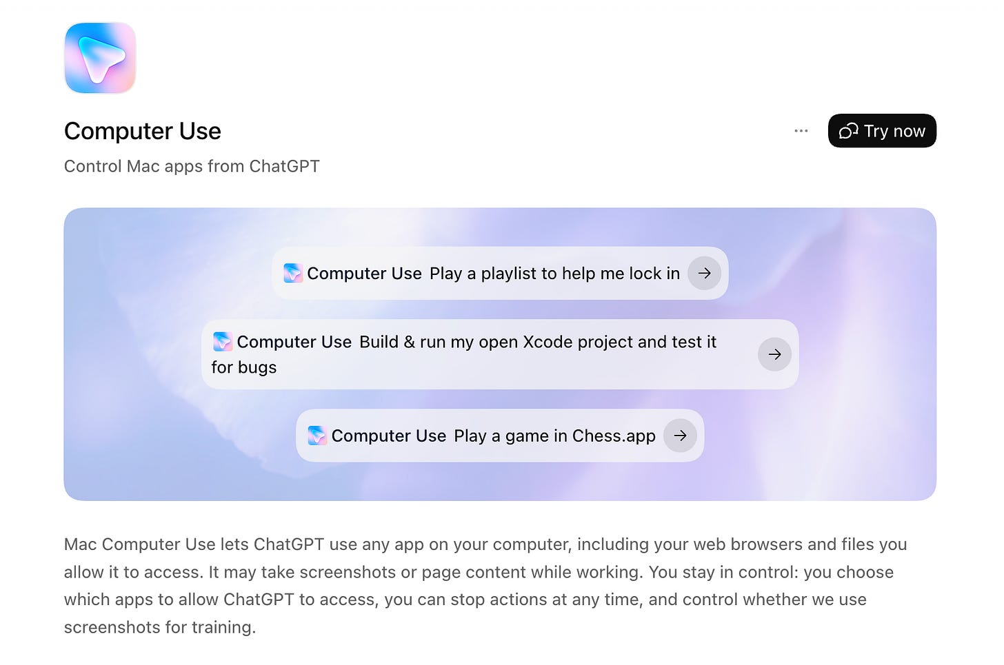 Computer Use plugin page explaining how ChatGPT controls permitted Mac apps, browsers, and files, with examples including playing music, testing an Xcode project, and opening Chess.
