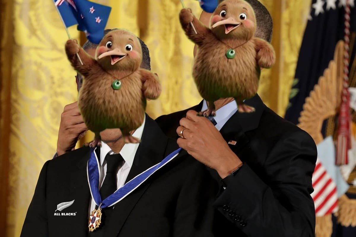 New Zealand awarding itself a medal: two kiwi birds in place of the recipients' heads, waving New Zealand flags New Zealand awarding itself a medal: two kiwi birds in place of the recipients' heads, waving New Zealand flags
