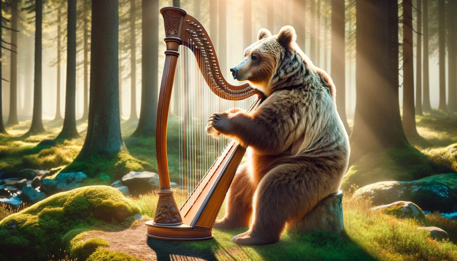 A grizzly bear sitting and playing a harp. The bear appears gentle and focused on the harp, with its paws carefully positioned on the strings. The harp is a classic wooden design, and the scene is set in a serene forest clearing with dappled sunlight filtering through the trees.
