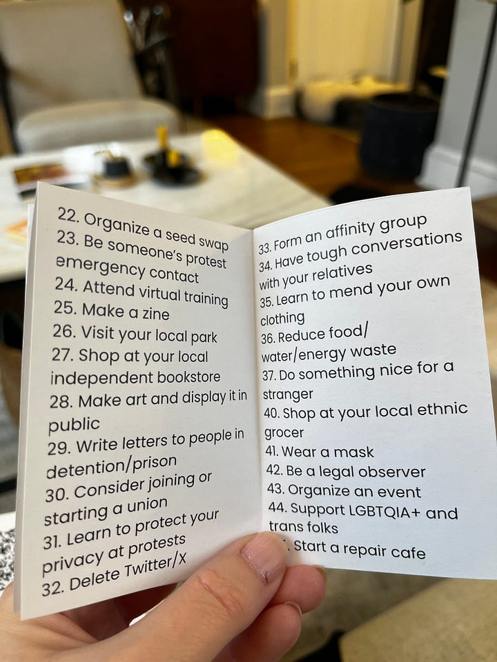 3 photos of the mini-zine 'How to Resist,' and an illustration of how to fold the zine. 