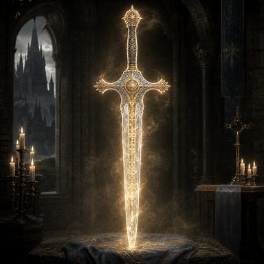 The Brightblade as Sergei von Zarovich once carried it: a radiant crystal-edged sword glowing with warm sunlight, silver-and-gold hilt shaped in Morninglord motifs, runes faintly pulsing beneath the surface, Barovian Gothic atmosphere, mist swirling around the holy weapon