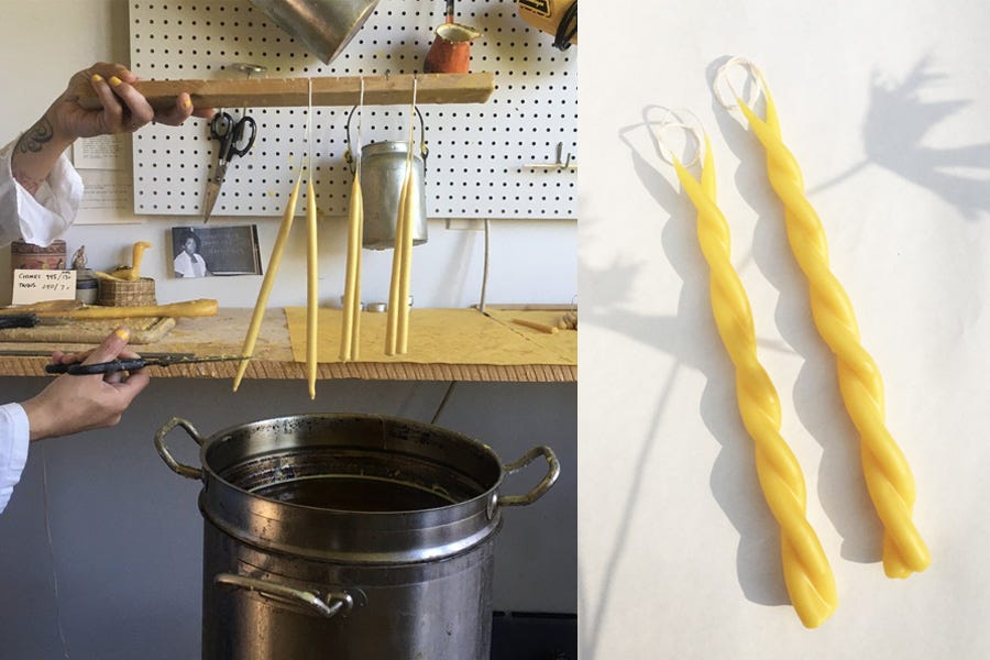 Left: two hands trimming golden beeswax candles, right: two twisted beeswax candles in the sunshine dappled with the shadow of a flower. 