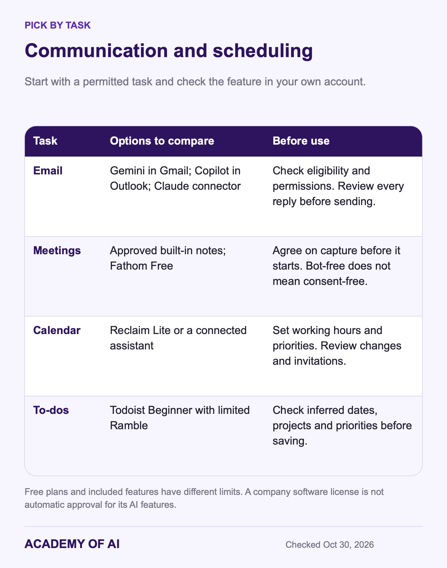 Task-based options for email, meetings and calendar scheduling, with free plans and account checks. Task-based options for email, meetings and calendar scheduling, with free plans and account checks.