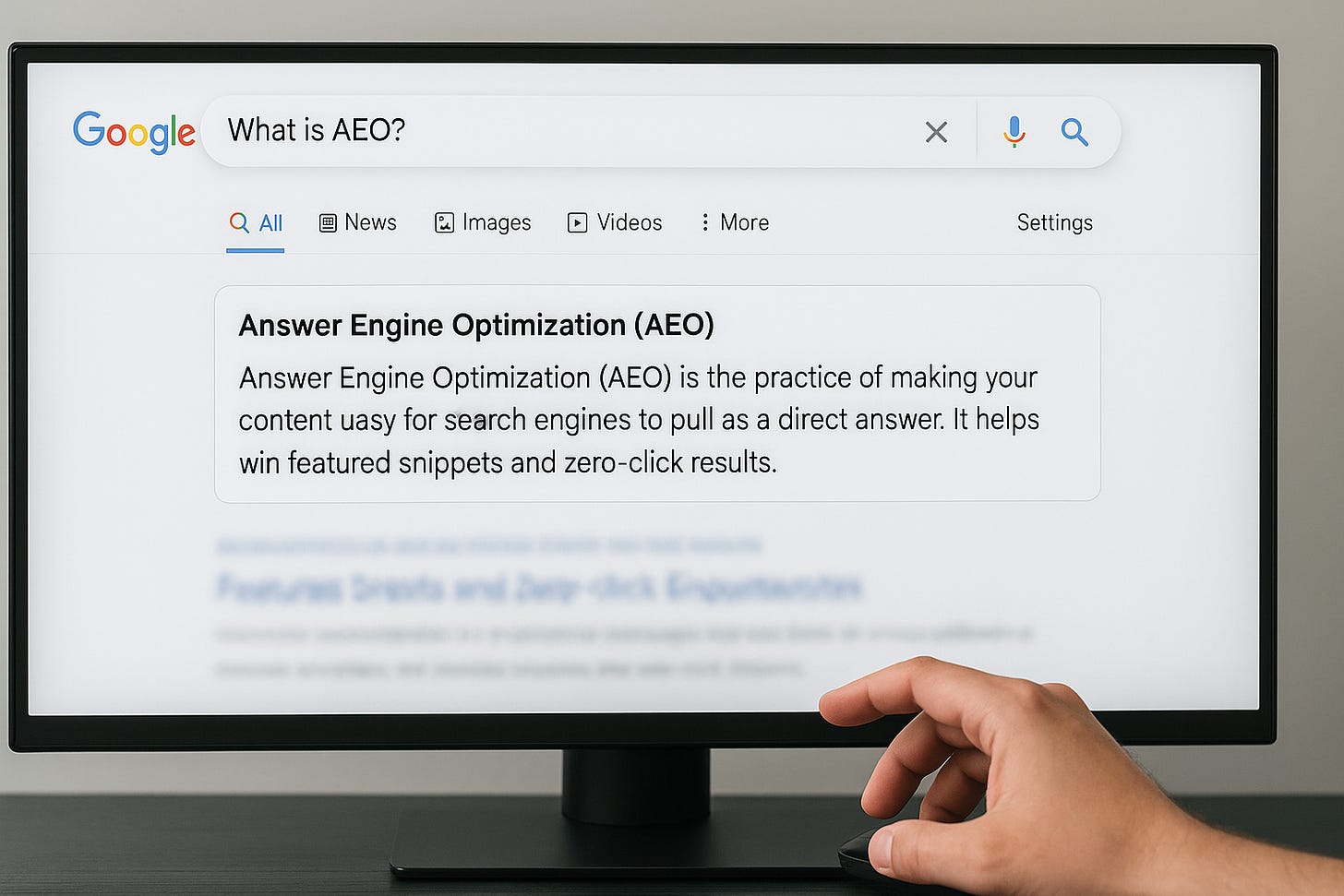 Google search for “What is AEO?” with a featured snippet box and a hand on a mouse, showing zero-click SEO results. Google search for “What is AEO?” with a featured snippet box and a hand on a mouse, showing zero-click SEO results.