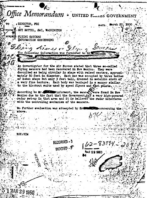 Caption The Hottel memo that ‘proves aliens landed at Roswell’… released online by the FBI Caption The Hottel memo that ‘proves aliens landed at Roswell’… released online by the FBI