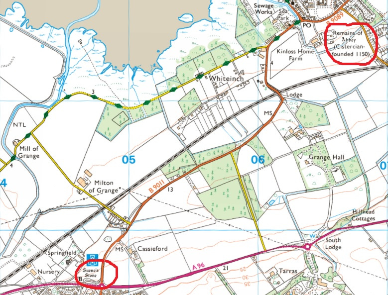 Map showing Sueno’s Stone on the eastern edge of Forres and Kinloss Abbey on the western edge of Kinloss Map showing Sueno’s Stone on the eastern edge of Forres and Kinloss Abbey on the western edge of Kinloss