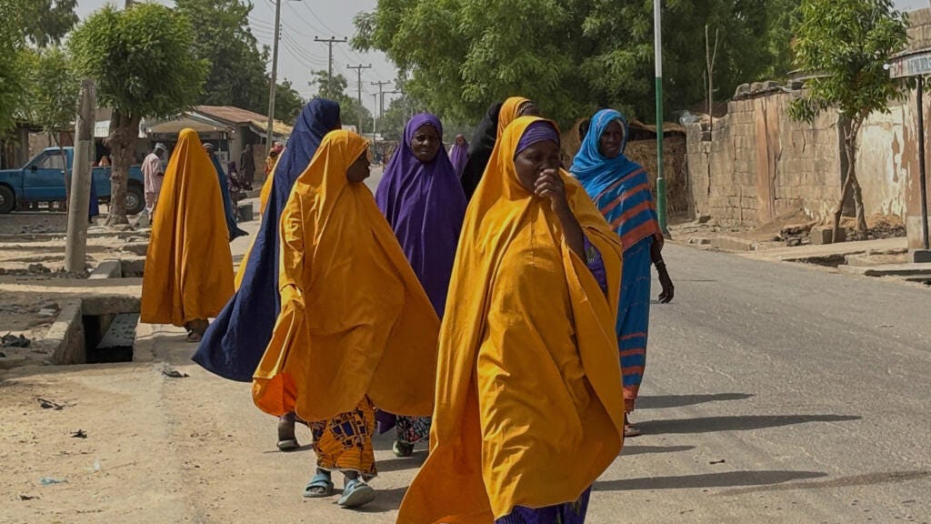 Nigerian women in the street in Dikwa, north east Nigeria, on 29 April, 2025. 