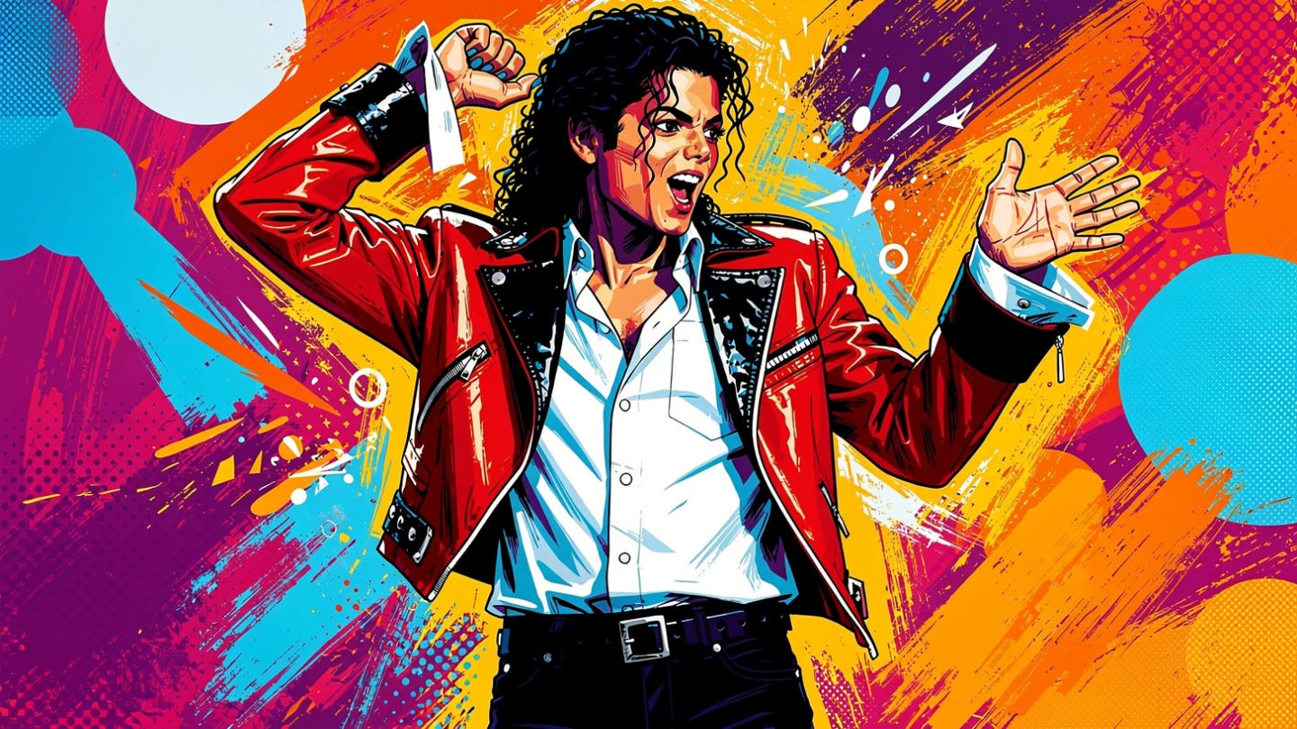 Colorful artistic portrait of Michael Jackson, vibrant pop art style, dynamic brush strokes, 16x9 aspect ratio, vivid colors, expressive and energetic composition