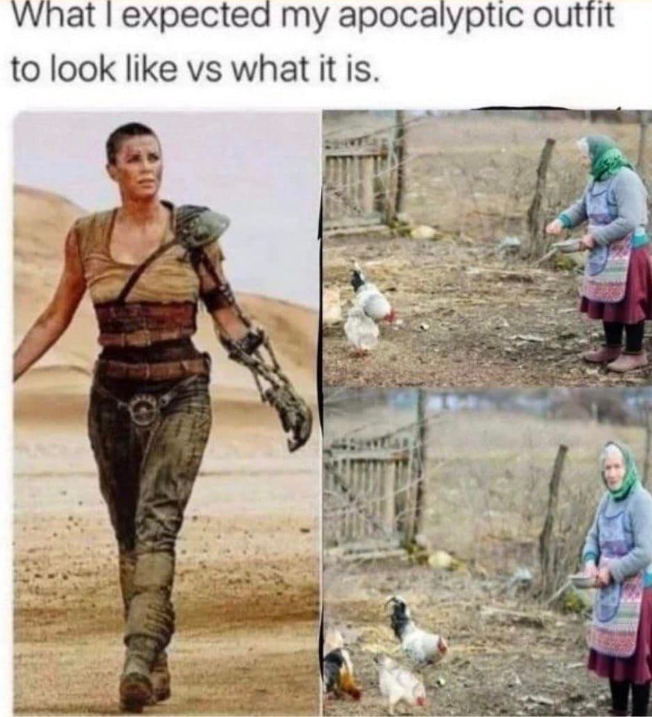 May be an image of 3 people and text that says 'What expected my apocalyptic outfit to look like vs what it is. is.'