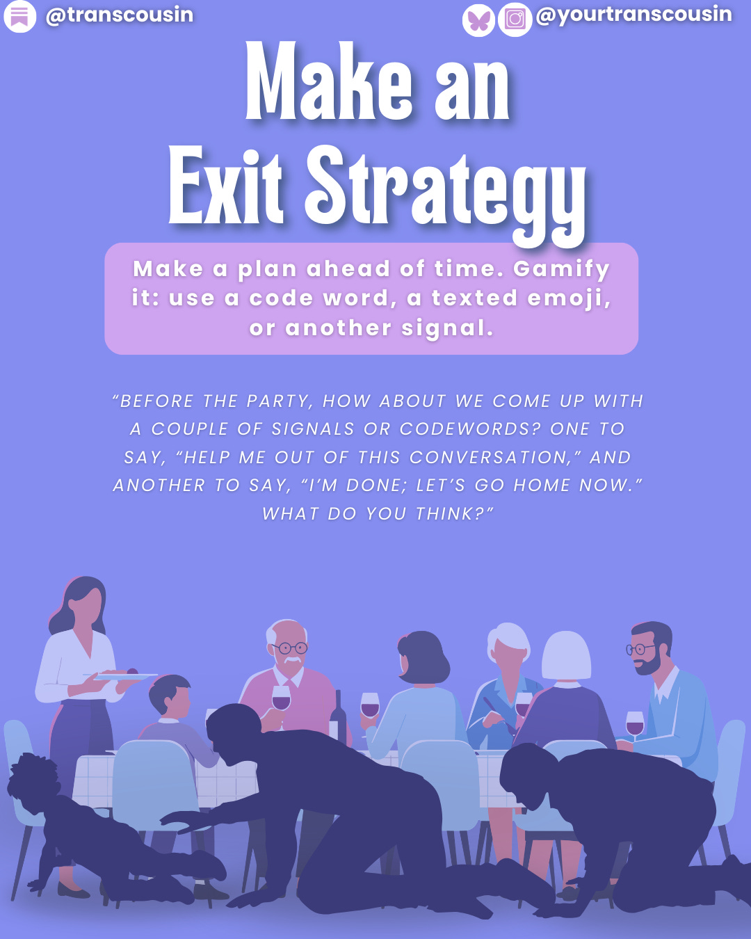 Three cartoon silhouettes crawl left across the floor as if escaping; behind them a family has a big feast at a long table Three cartoon silhouettes crawl left across the floor as if escaping; behind them a family has a big feast at a long table