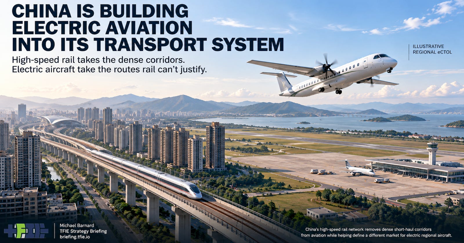 Electric regional aircraft climbs over a Chinese landscape where high-speed rail serves a dense urban corridor and thinner regions lie beyond.