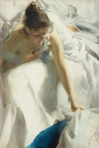 Watercolor of woman in bed by Anders Zorn