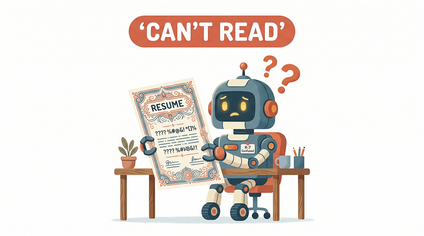 A confused robot trying to read a decorative resume and seeing only garbled symbols