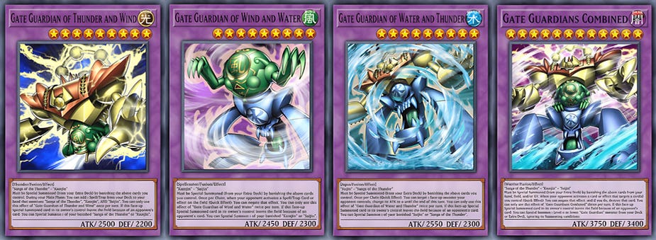 Four Yu-Gi-Oh! cards of "Gate Guardian" variants with powerful mechanical figures, vivid colors, and stats visible below each image.