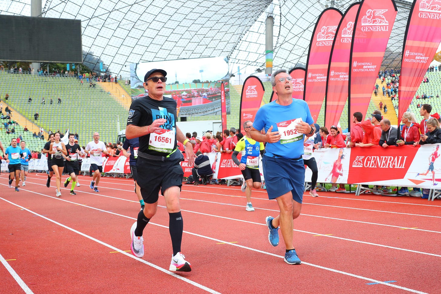 Approaching the finish line in the Olympic Stadium at the Munich Half Marathon
