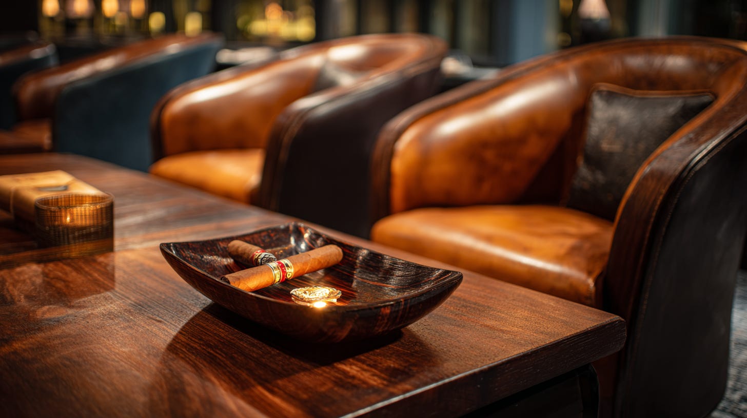 luxurious cigar lounge with leather chairs and lit cigar in elegant ashtray luxurious cigar lounge with leather chairs and lit cigar in elegant ashtray