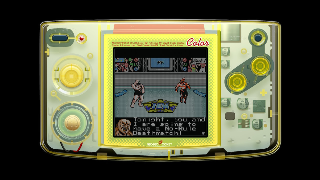 A screenshot from Big Bang Pro Wrestling, with the challenger, David, calling out the champion, Eagle, to say, "Tonight, you and I are going to have a No-Rule Deathmatch!" The pair aren't in the ring, but are standing in a space reserved for promos and conversations, with the IEW logo in the middle of the screen between them.