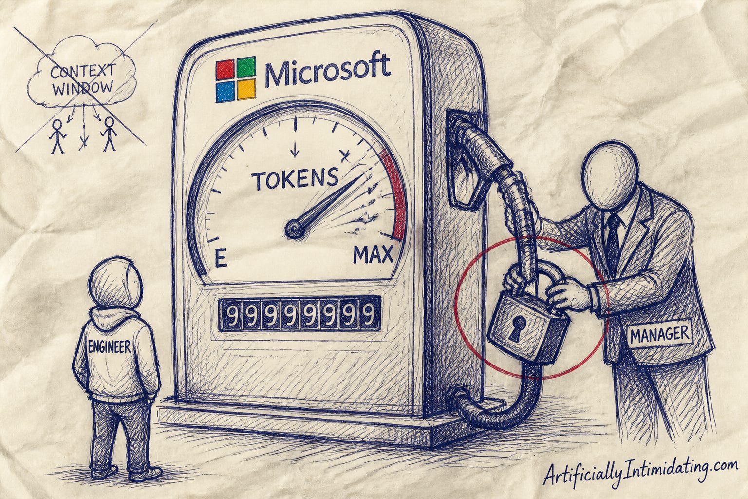 Editorial cartoon: a giant fuel pump labeled TOKENS, stamped with the Microsoft logo, with its dial spinning toward MAX while a manager clamps a padlock onto the nozzle and a hooded engineer looks on.